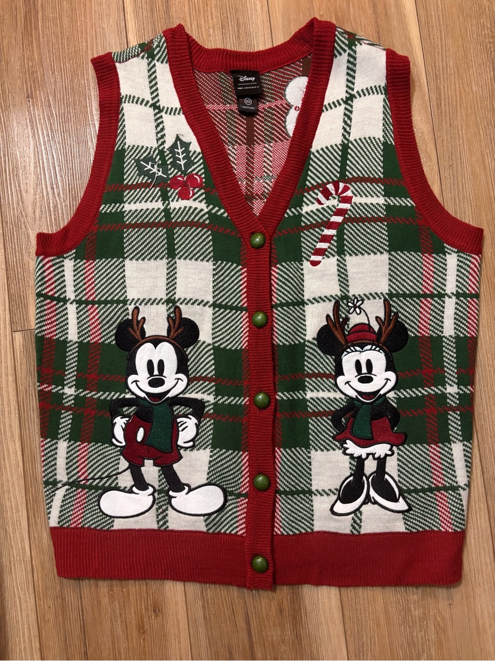 Her Universe Disney Mickey & Minnie Mouse Holiday Plaid Button Sweater Vest LG